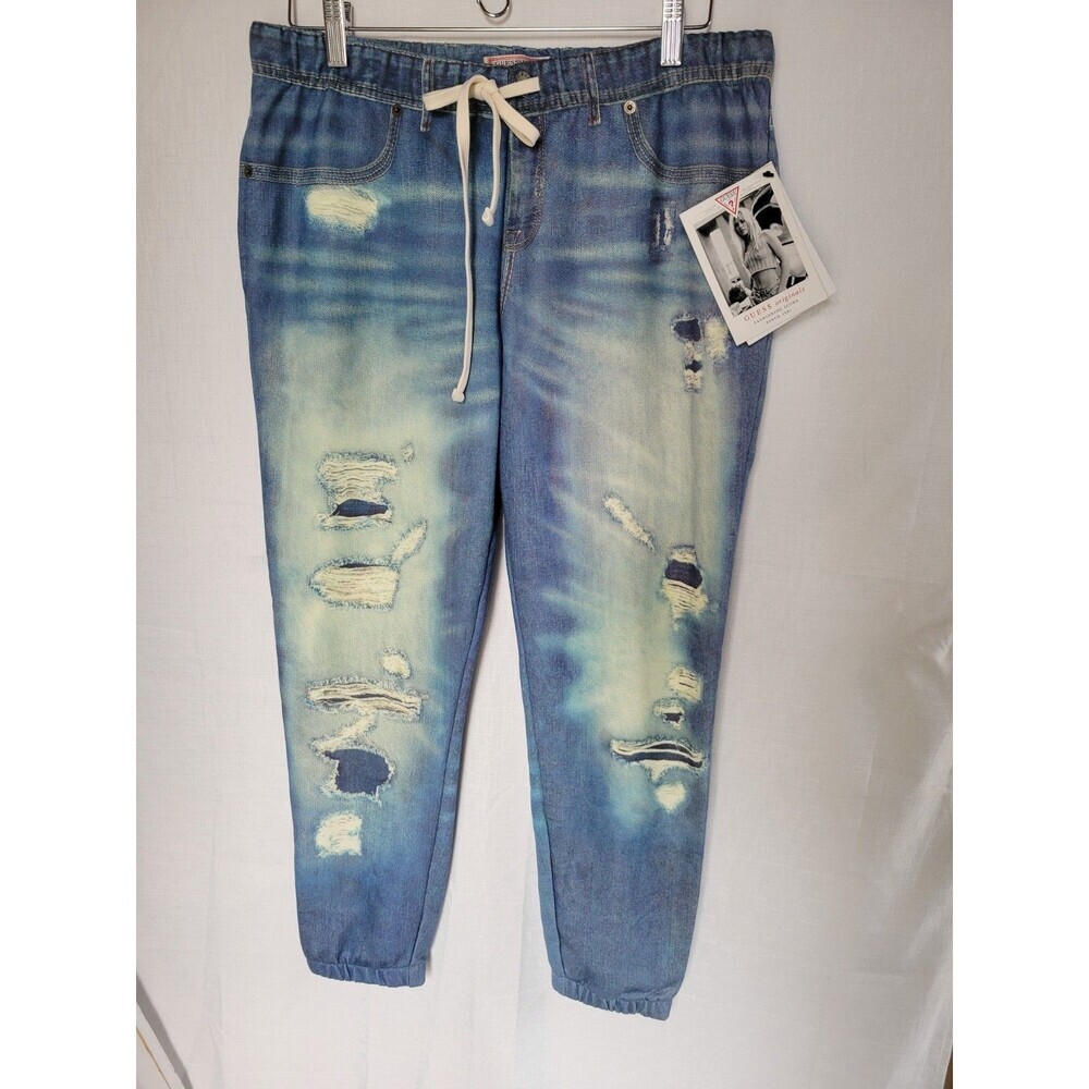Guess Vintage Women's Lounge Jeans Fleece Jogger Pants SZ L Blue & Pockets